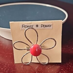 Vintage Flower Power Silver Wire Brooch Red Cabochon Retro MCM Style